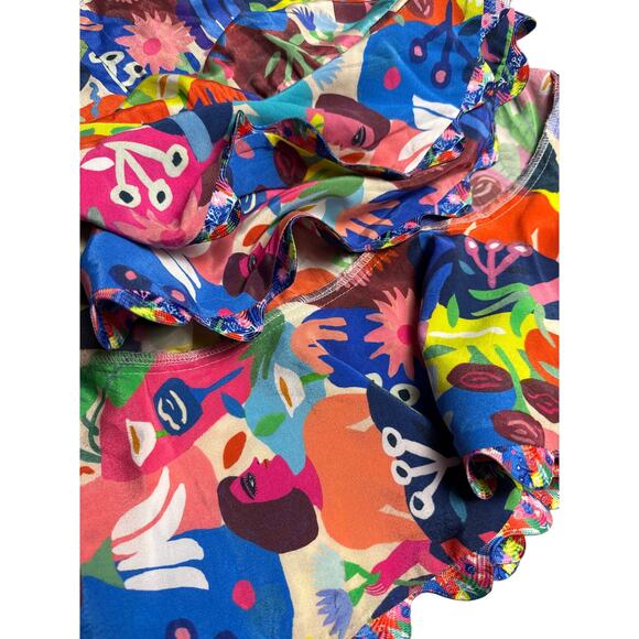 CeliaB Designer Faces & Florals Ruffled‎ Hem Multicolored Mini Dress Size XS - Picture 11 of 12